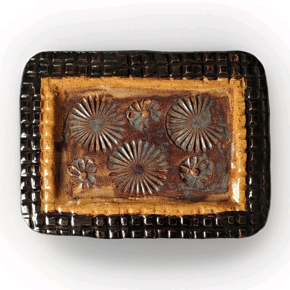 Handmade Pottery Beautiful Jewelry Tray‎ With Flowers Basket Weave Blue